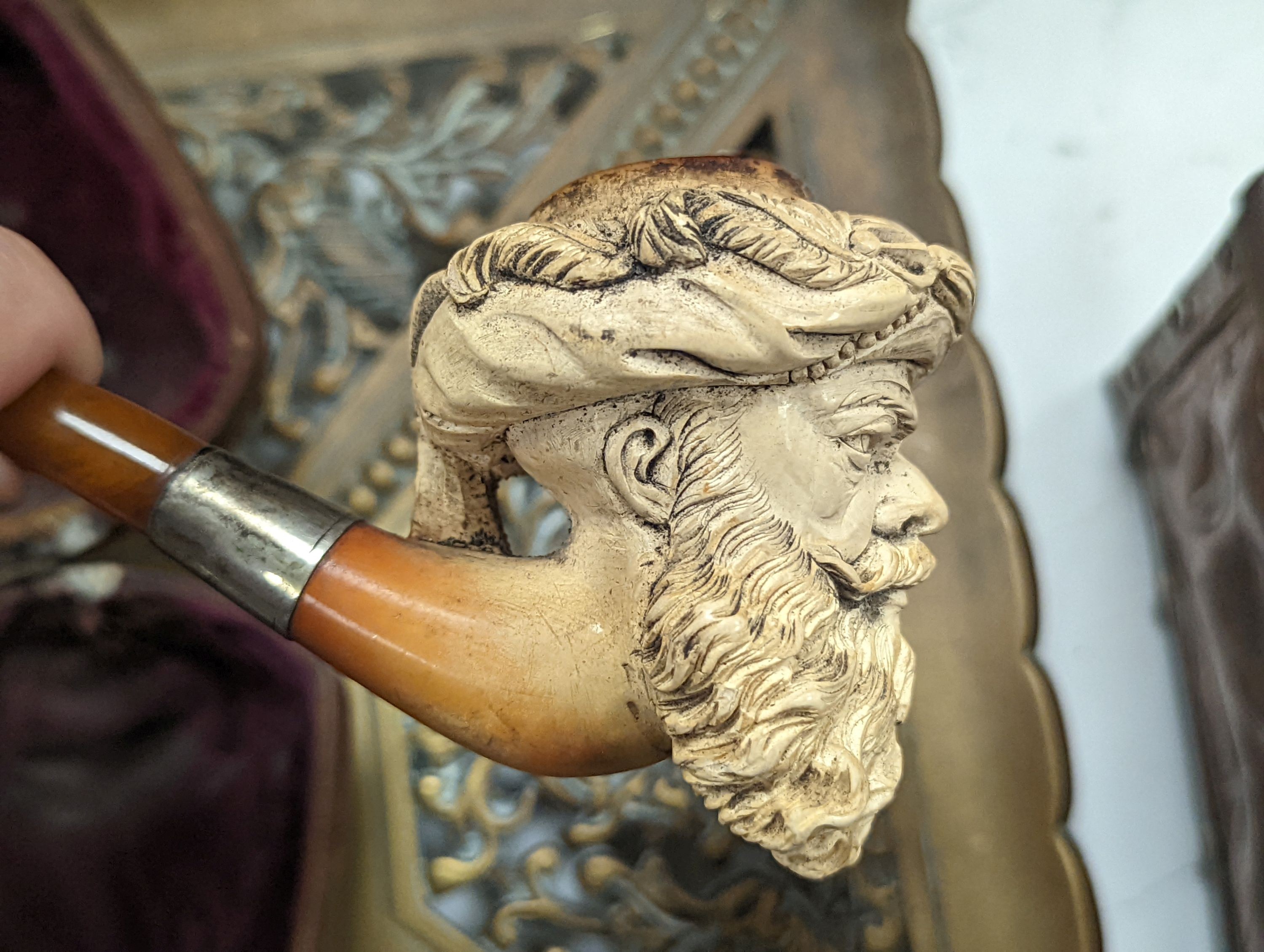 A Meerschaum pipe, a copper casket and brass stand